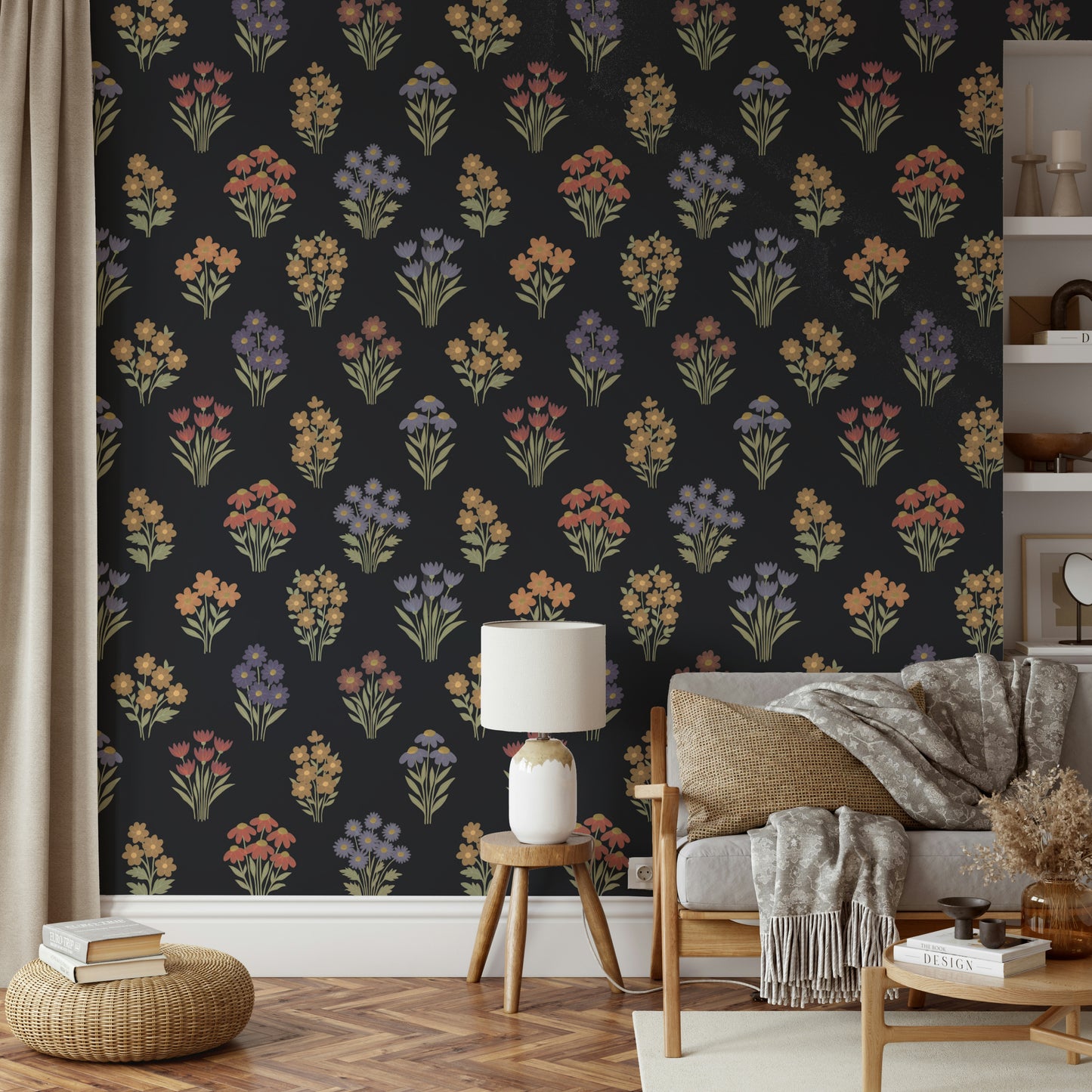 Ornate flower and leaf motifs in a wall mural.

