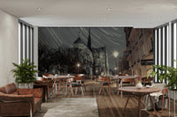 Vintage streetlights casting a warm glow.

