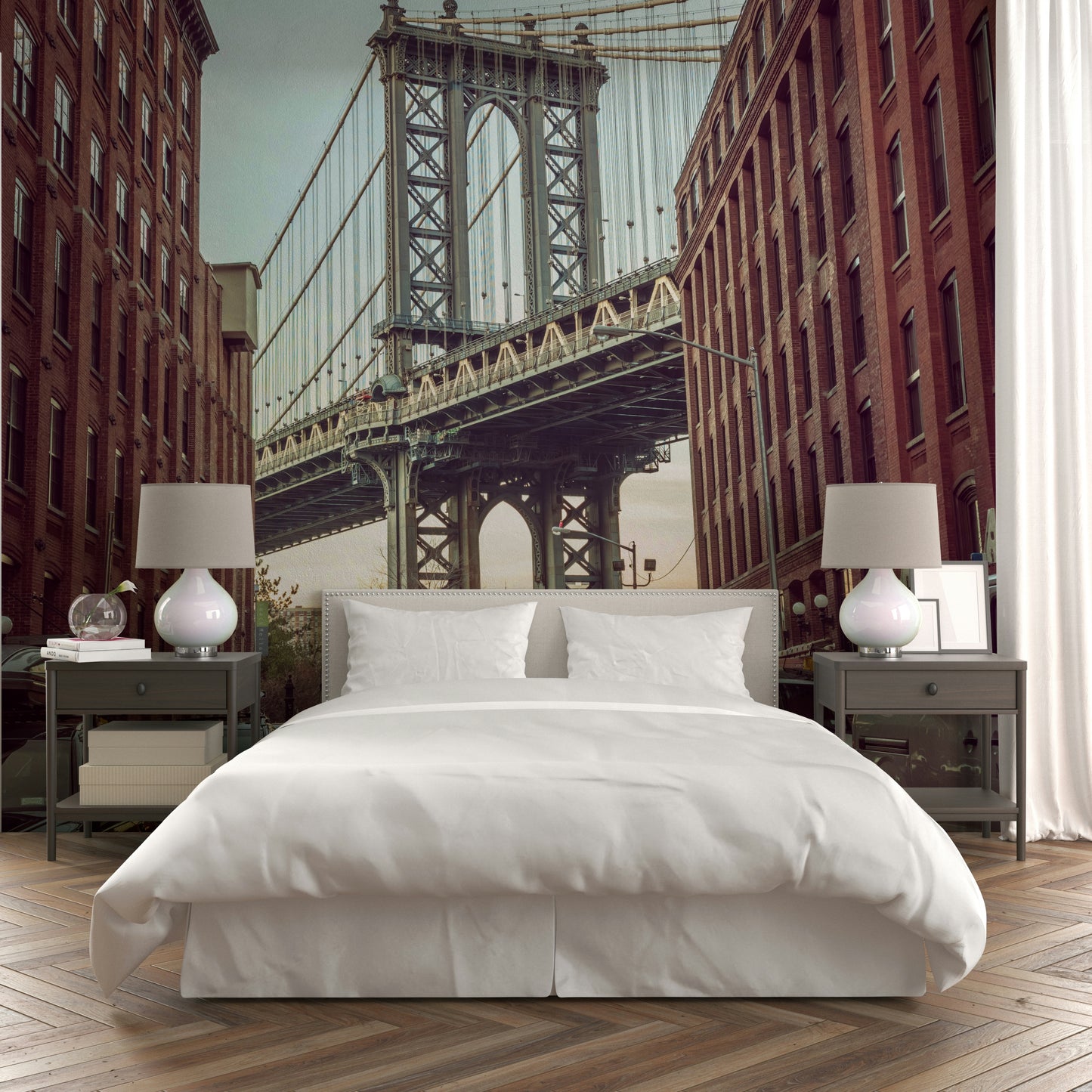 View of the Manhattan Bridge from a cobblestone street in DUMBO, Brooklyn.

