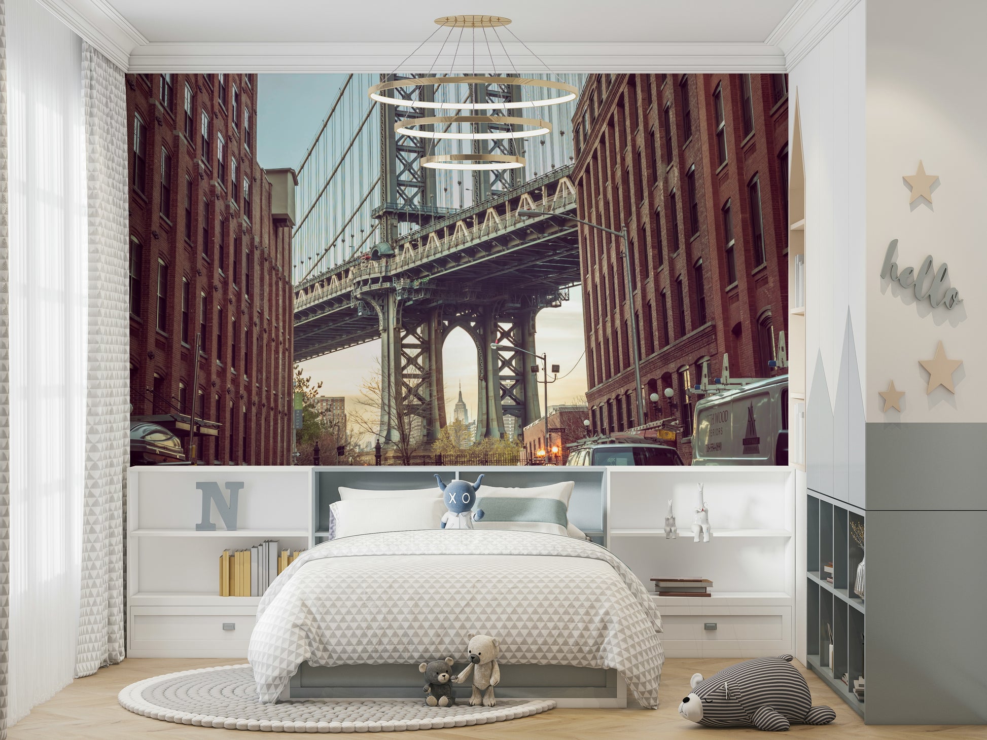 Framed by classic brick buildings on either side.

