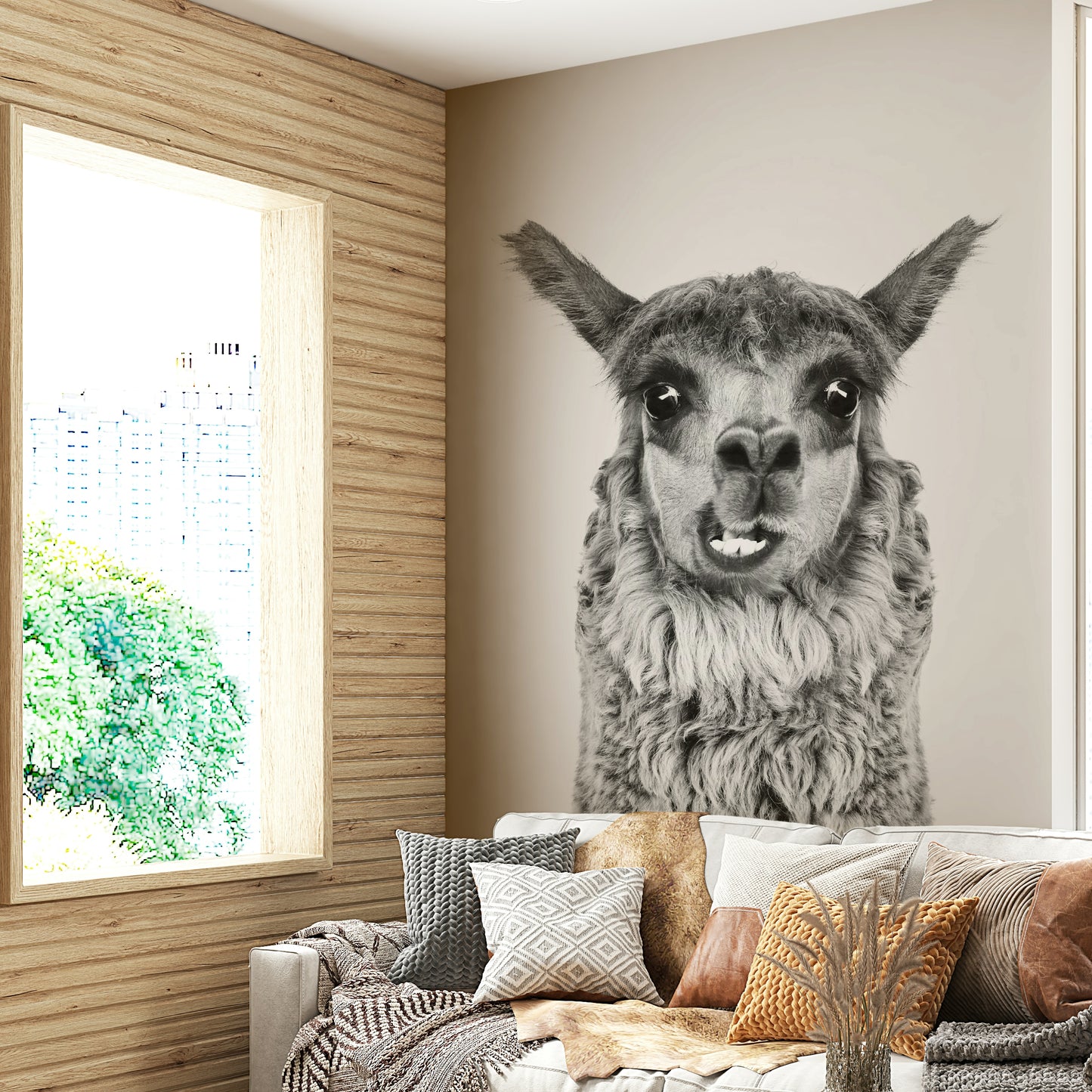 Focus on the llama's face, eyes, and wool.

