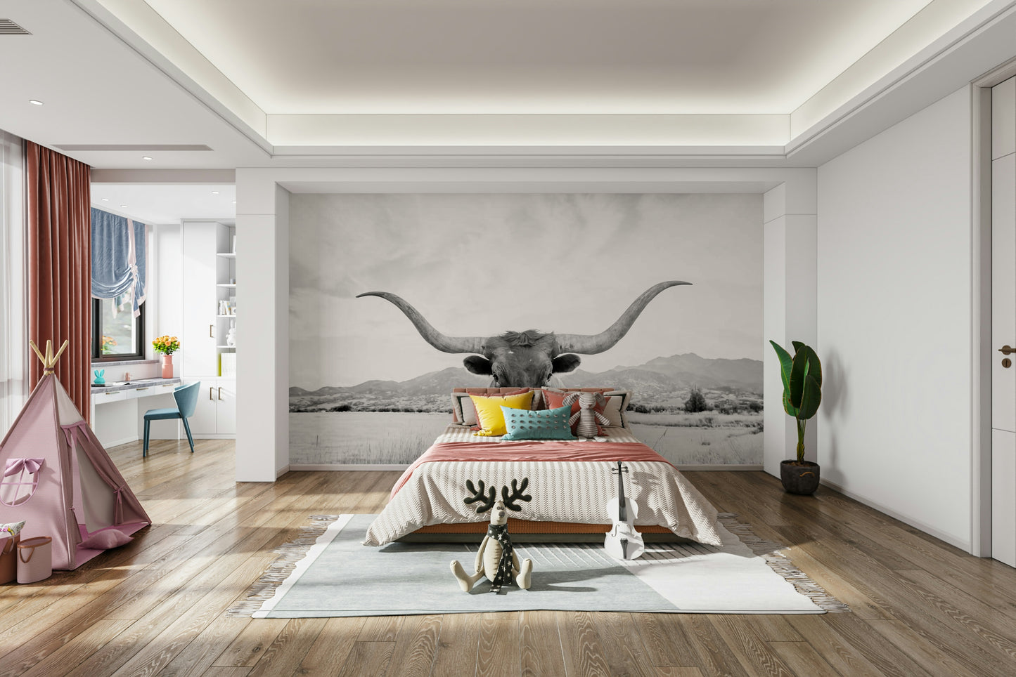 Longhorn in black and white.

