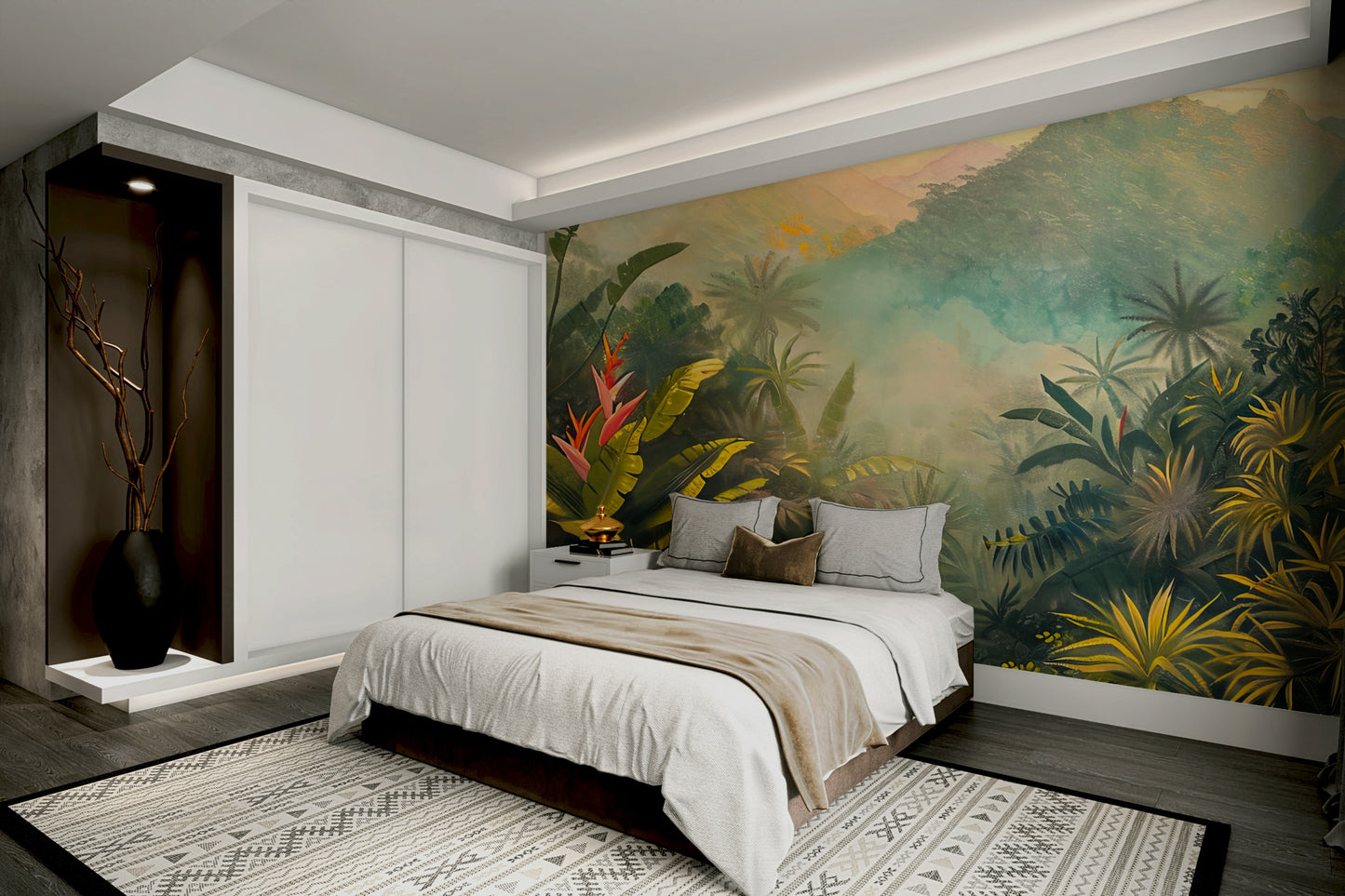 Rich and verdant hues with bright floral accents.

