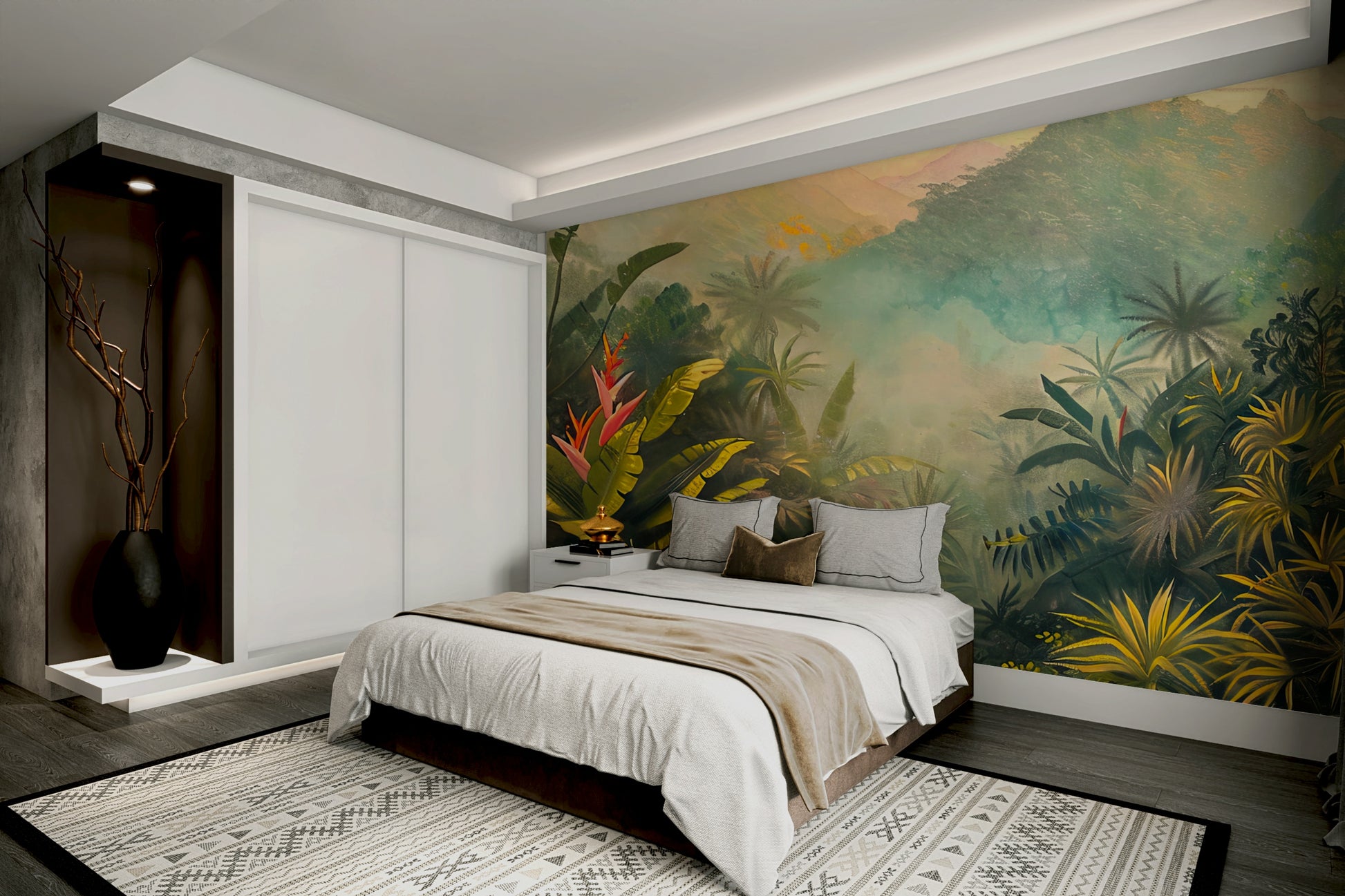 Rich and verdant hues with bright floral accents.

