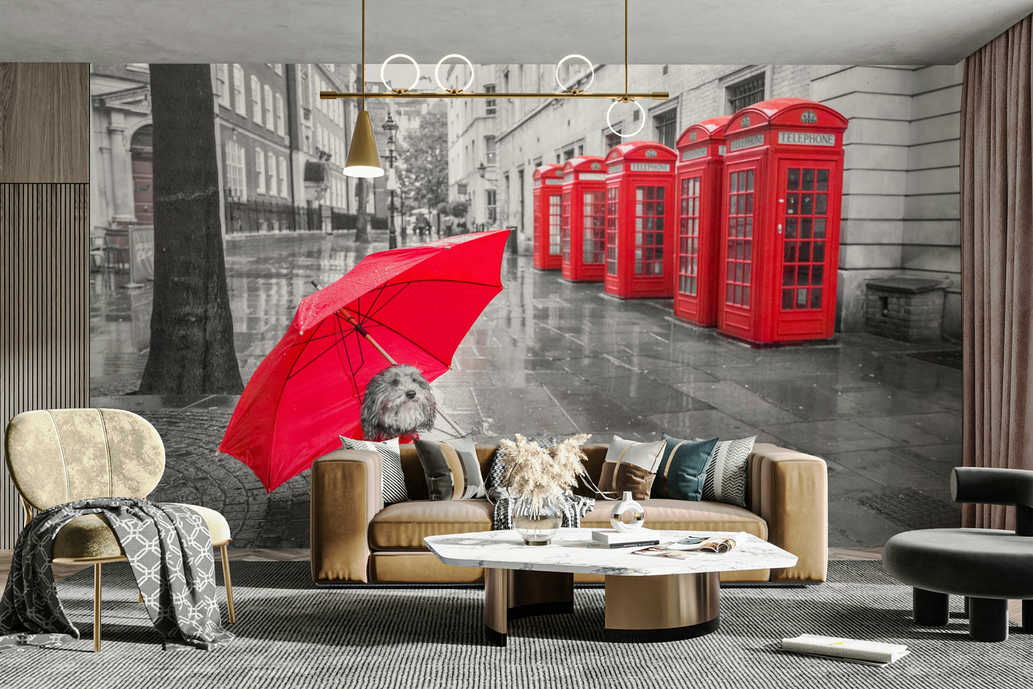 Row of iconic red telephone boxes in the background.

