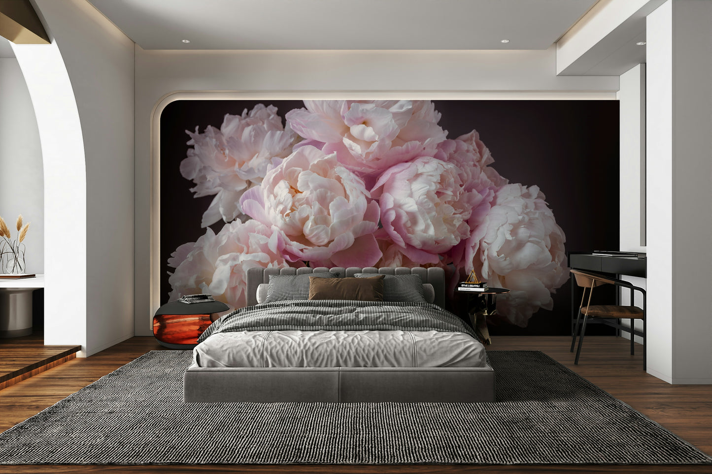 Gentle shades of pink and white.

