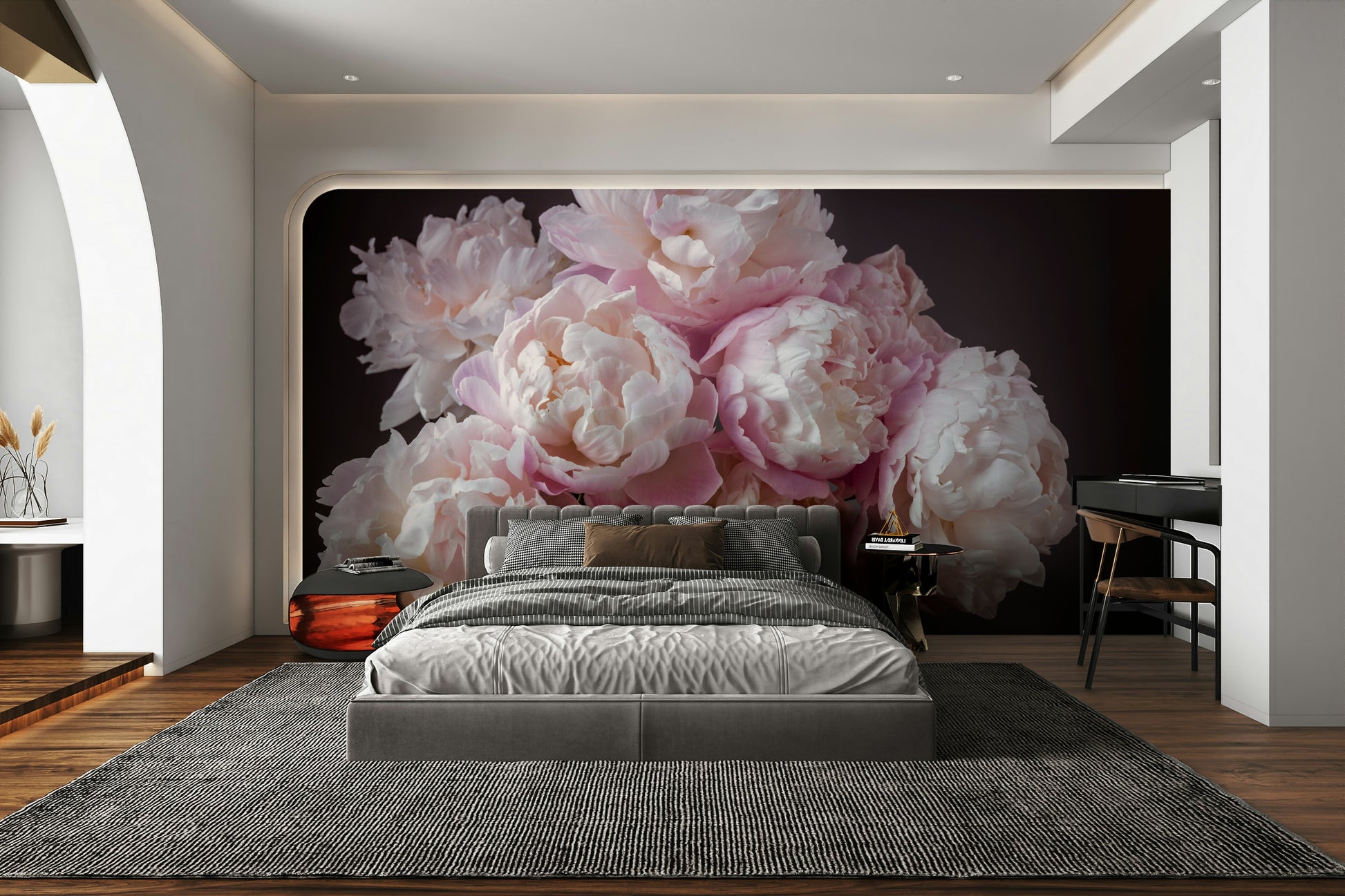 Gentle shades of pink and white.

