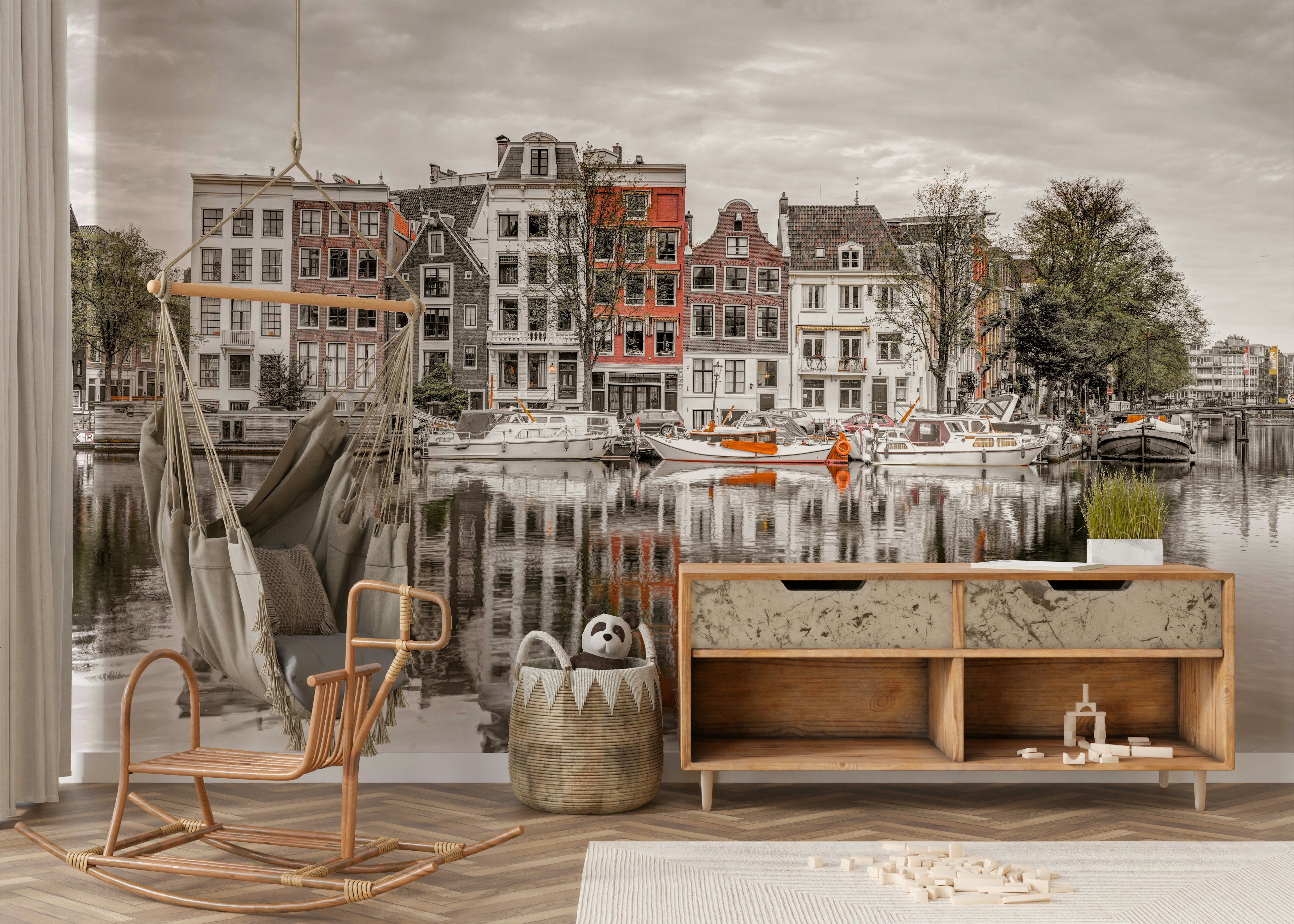 Boats docked along the canal.

