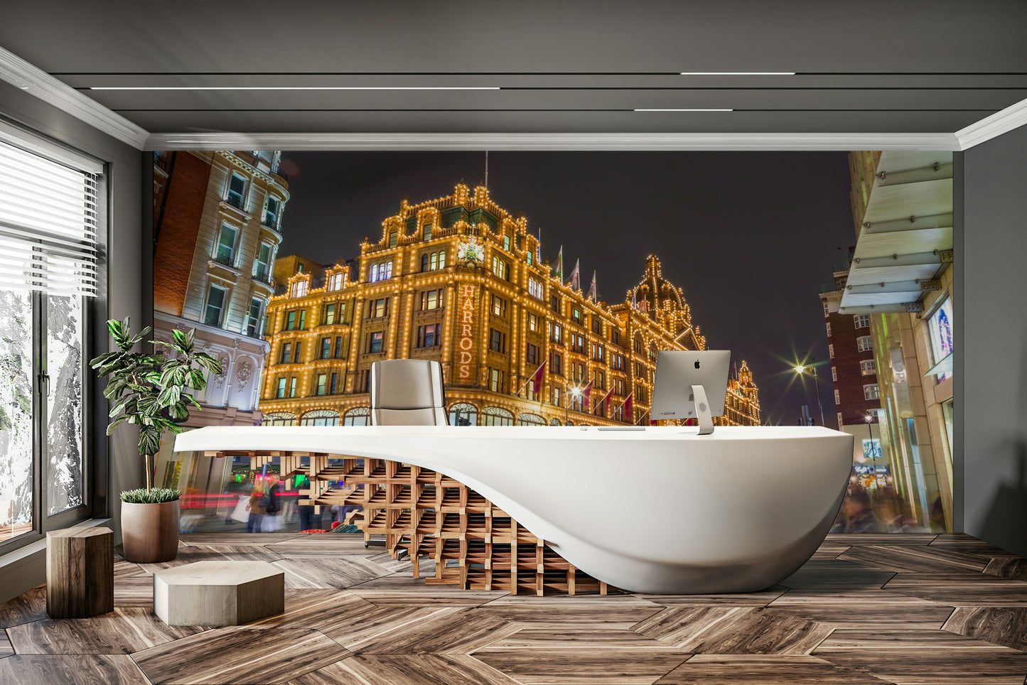 Red sports car in the foreground.

