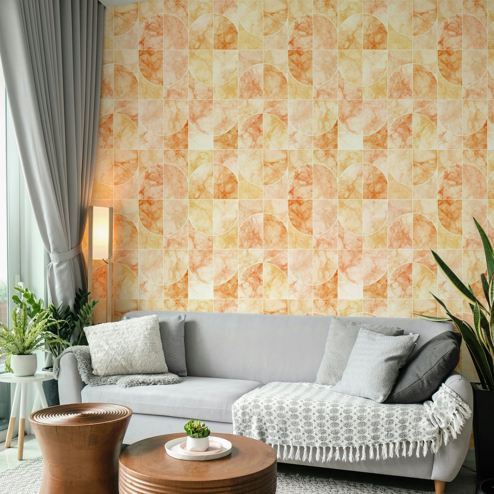 Warm, luminous orangish tones with marble texture.

