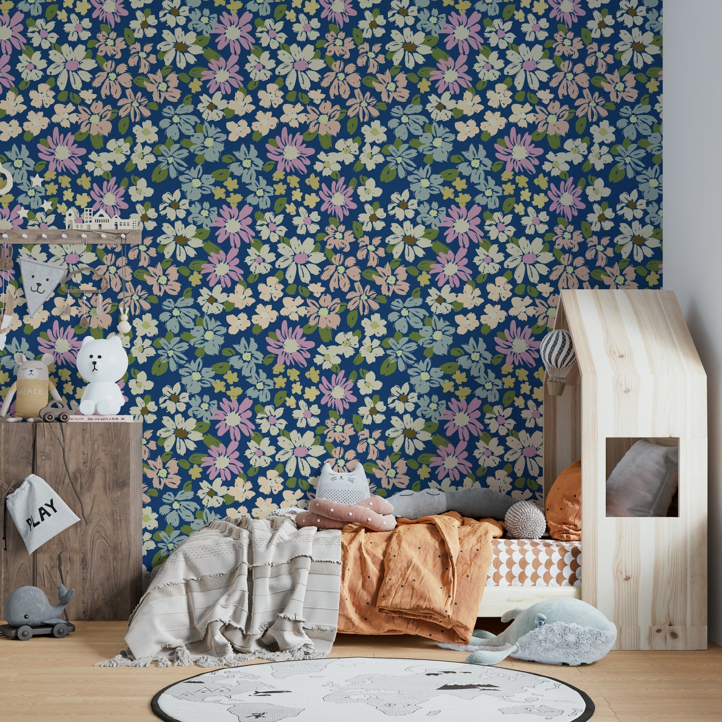 Dark blue background with olive green leaves.

