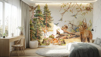 Wall mural showing a forest scene with watercolor animals.

