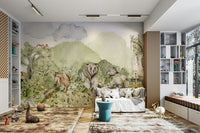 Wall mural showing a forest scene with friendly animals.


