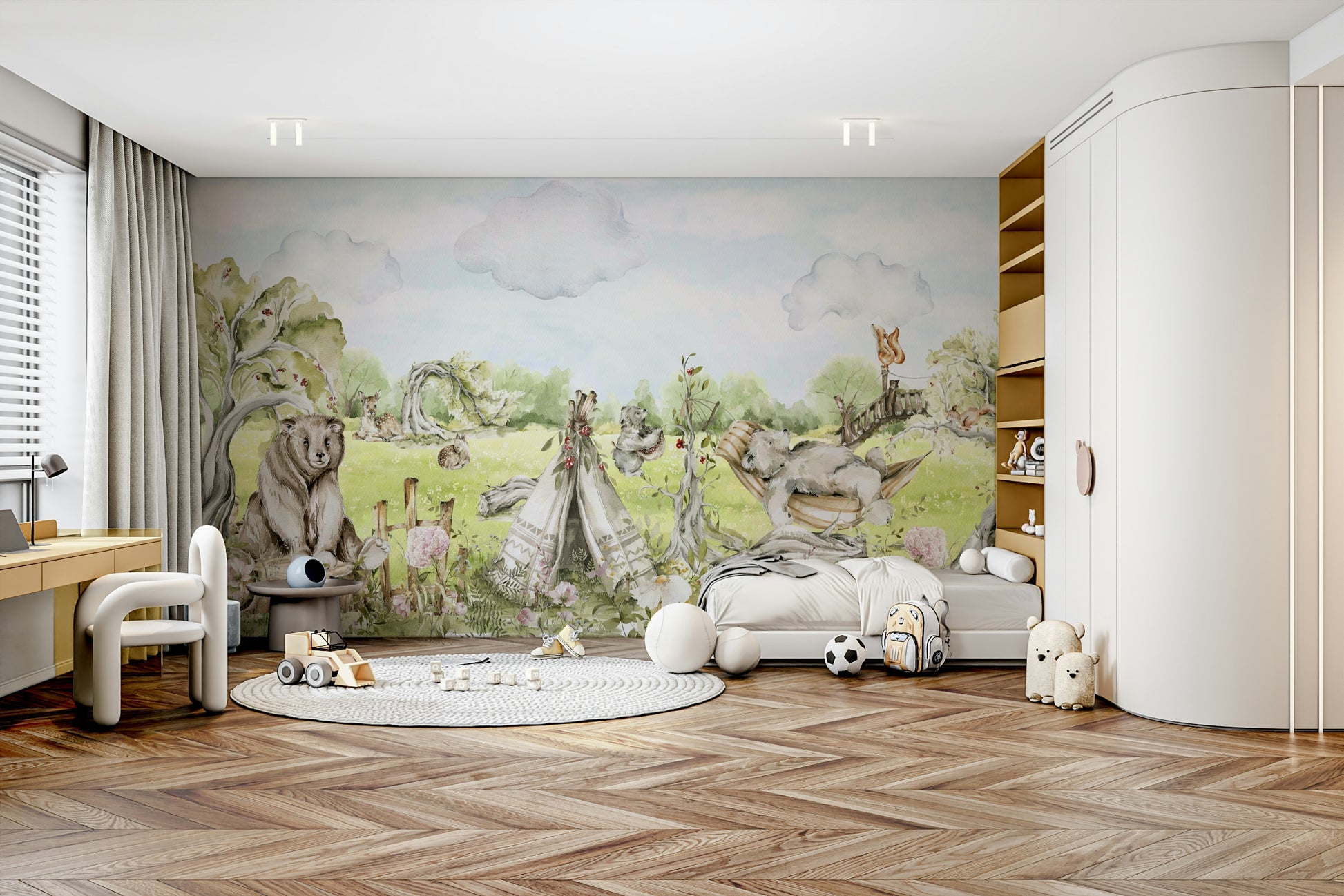 Wall mural showing a forest scene with watercolor animals.

