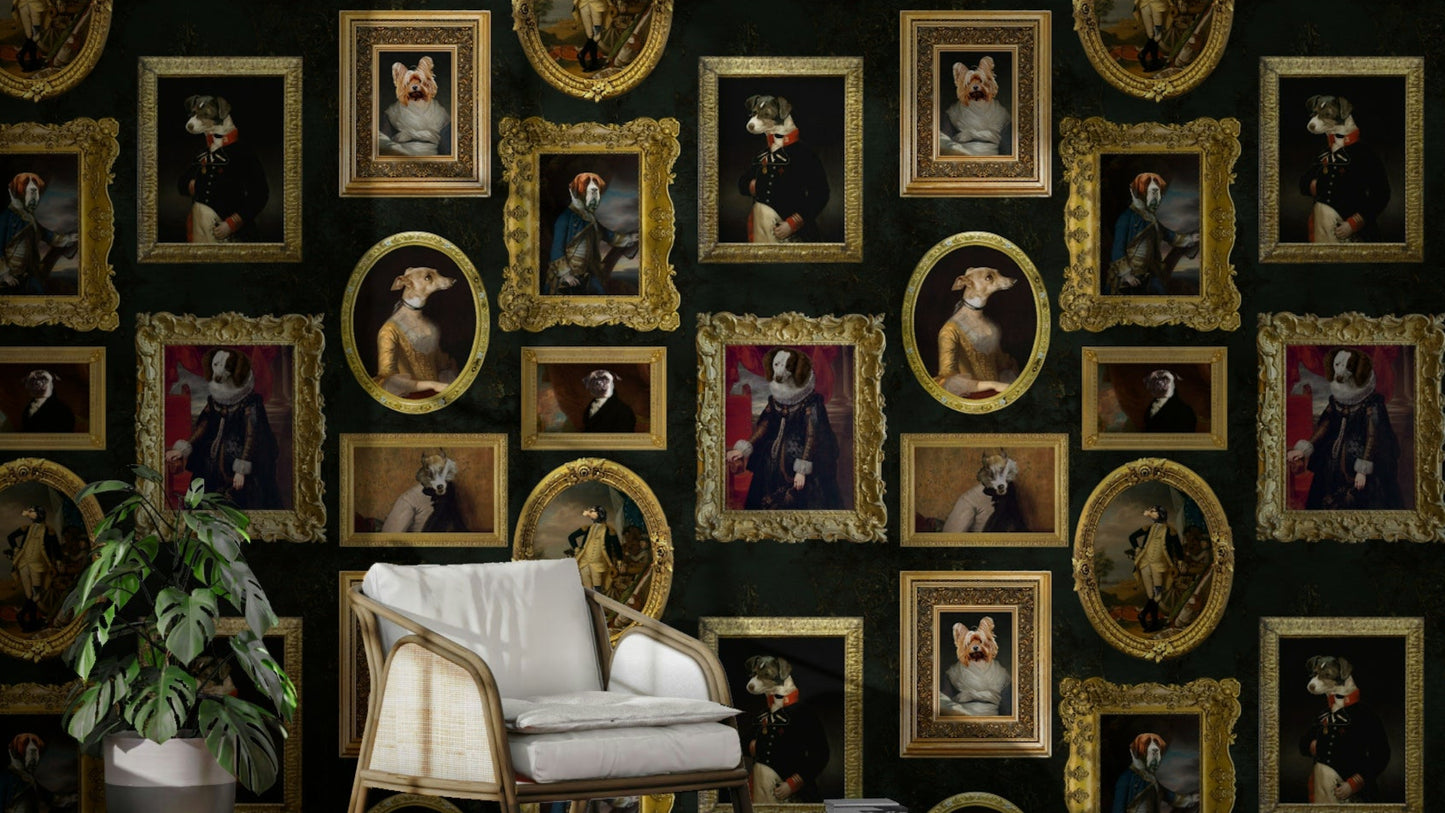 Wall mural showing a gallery of artistic animal portraits.

