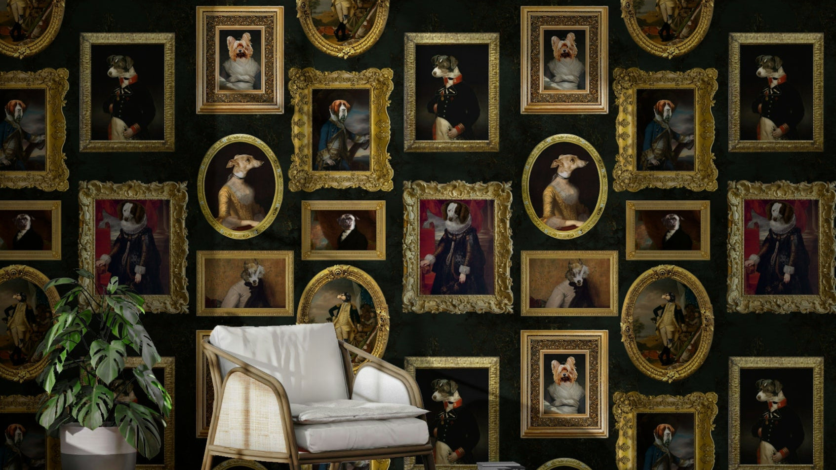 Wall mural showing a gallery of artistic animal portraits.

