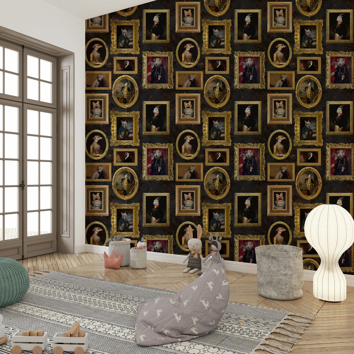 Gilded Animal Aristocracy wallpaper for a study or living room.


