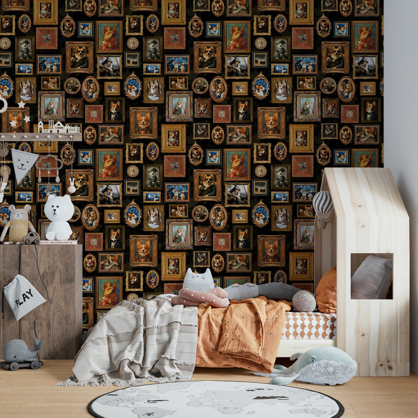 Wall mural showing a collection of artistic corgi portraits.


