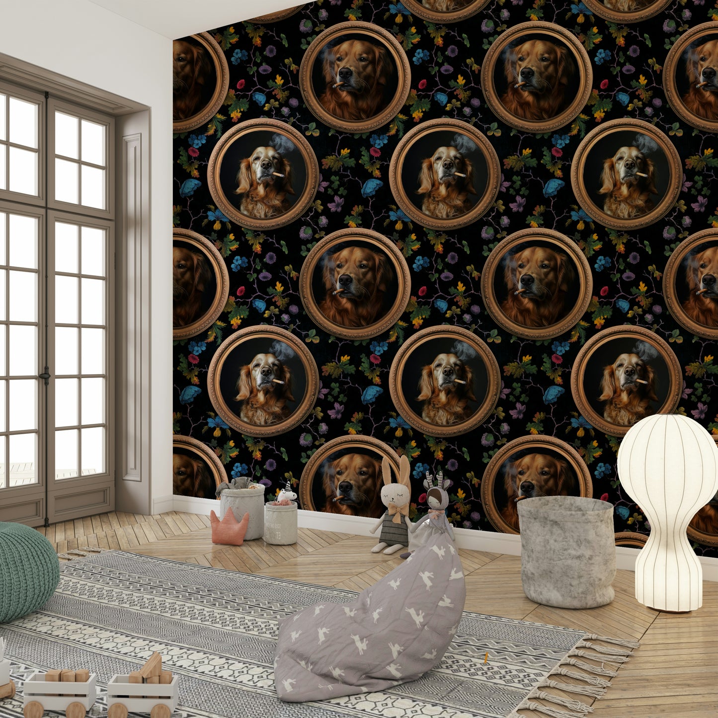 Smoking Golden Retriever in Gold Frames Wallpaper.

