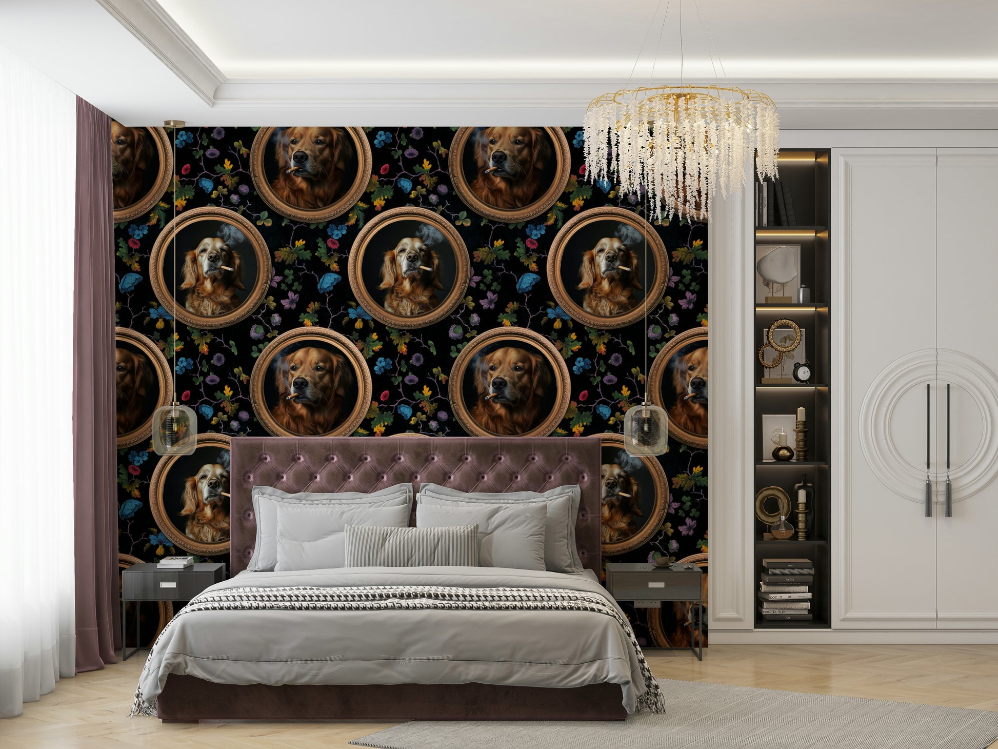 Wallpaper with portraits of golden retrievers in classic gold frames.

