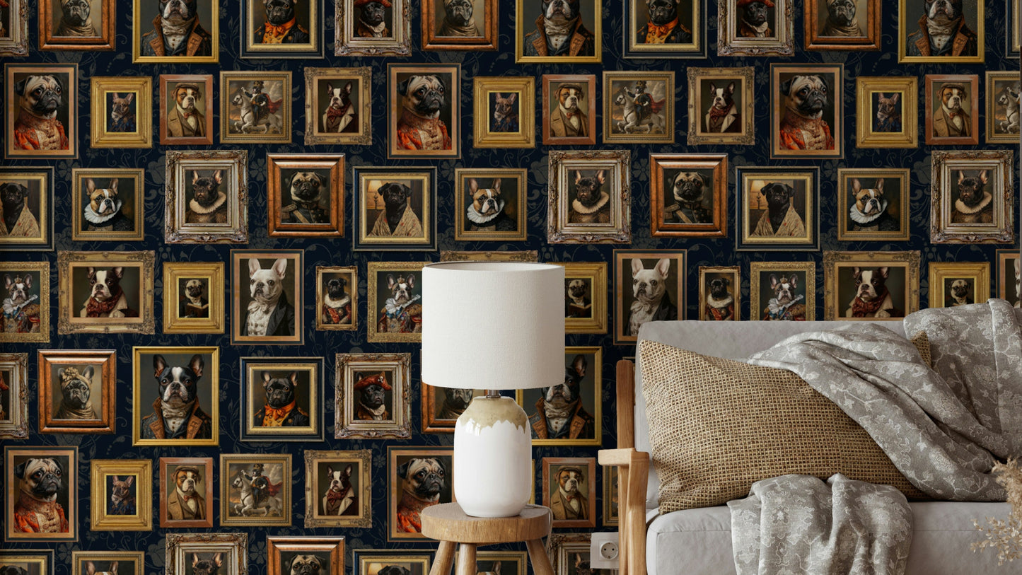 Wallpaper with dogs in stylish, dapper clothing.

