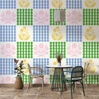 Soft oranges, warm browns, creams, greens, inviting blues.

