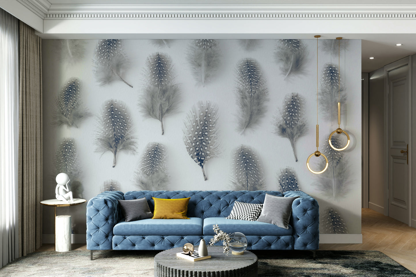 Muted grays, whites, earthy tones.

