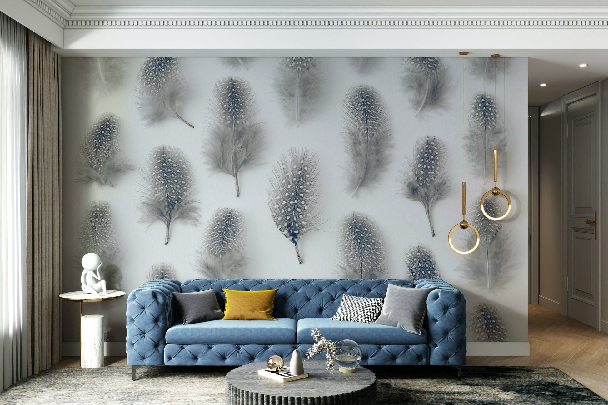 Muted grays, whites, earthy tones.

