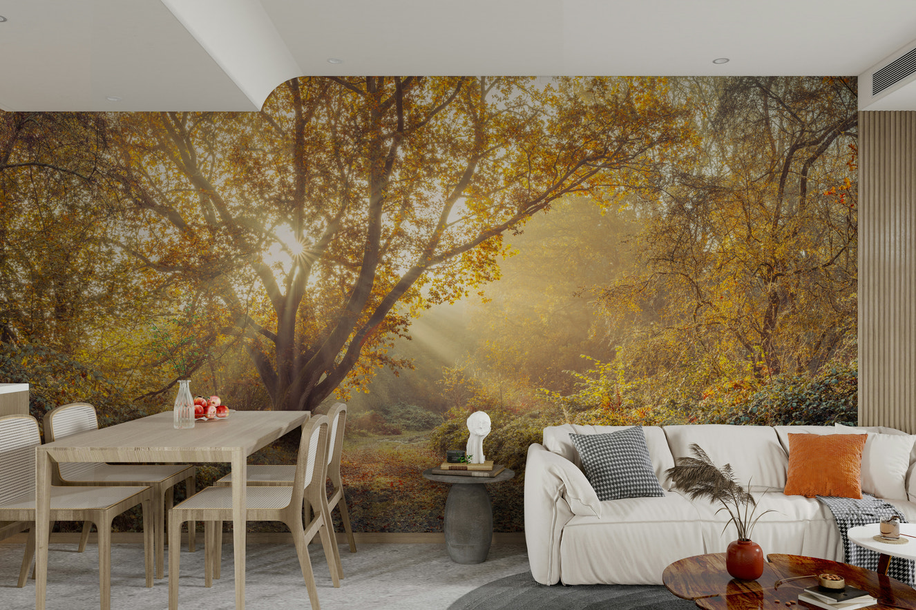 Expansive natural landscape mural.

