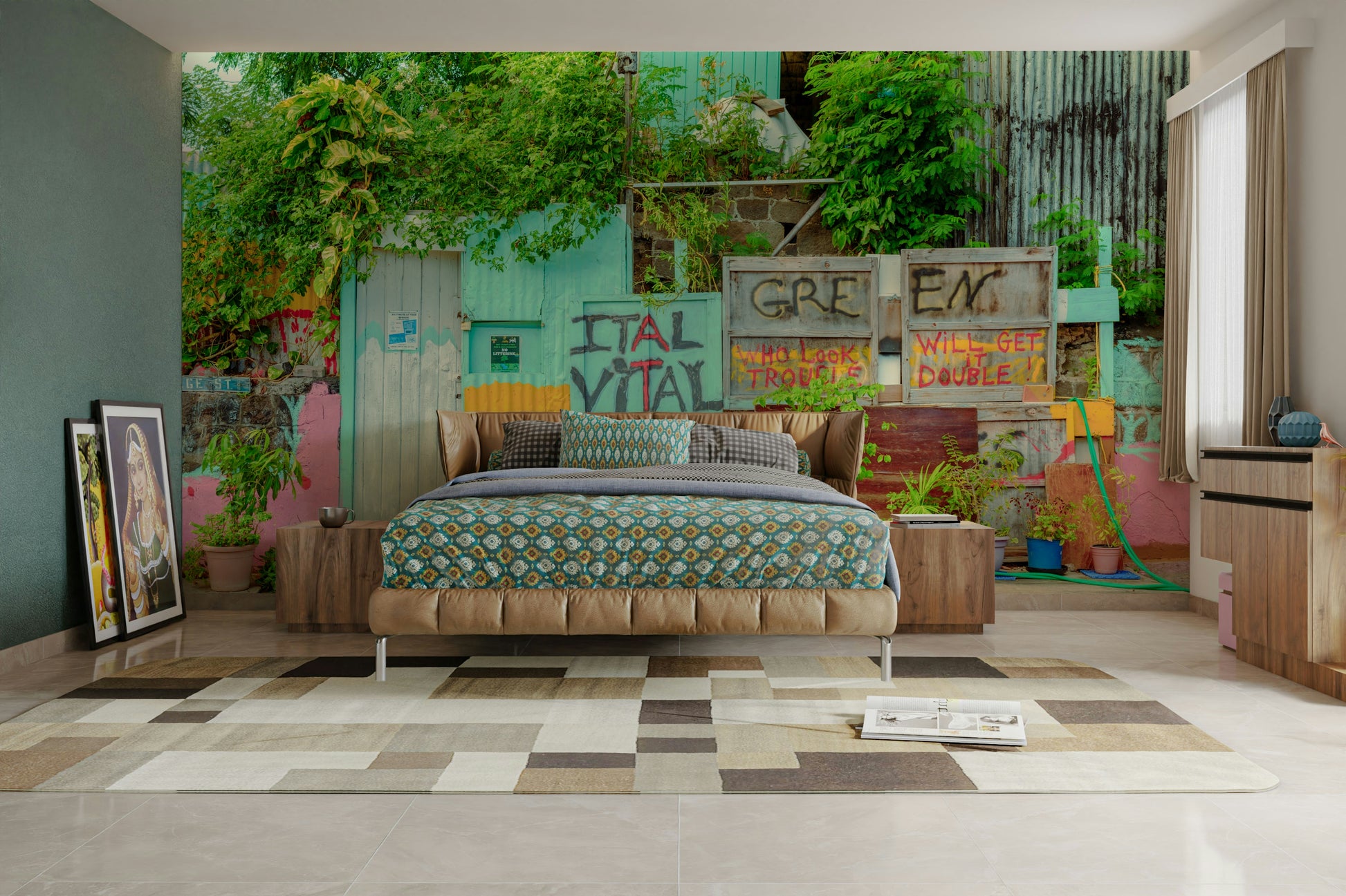 Scene with a mix of colorful walls and green plants.

