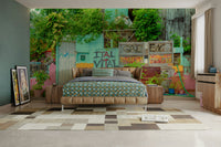 Scene with a mix of colorful walls and green plants.

