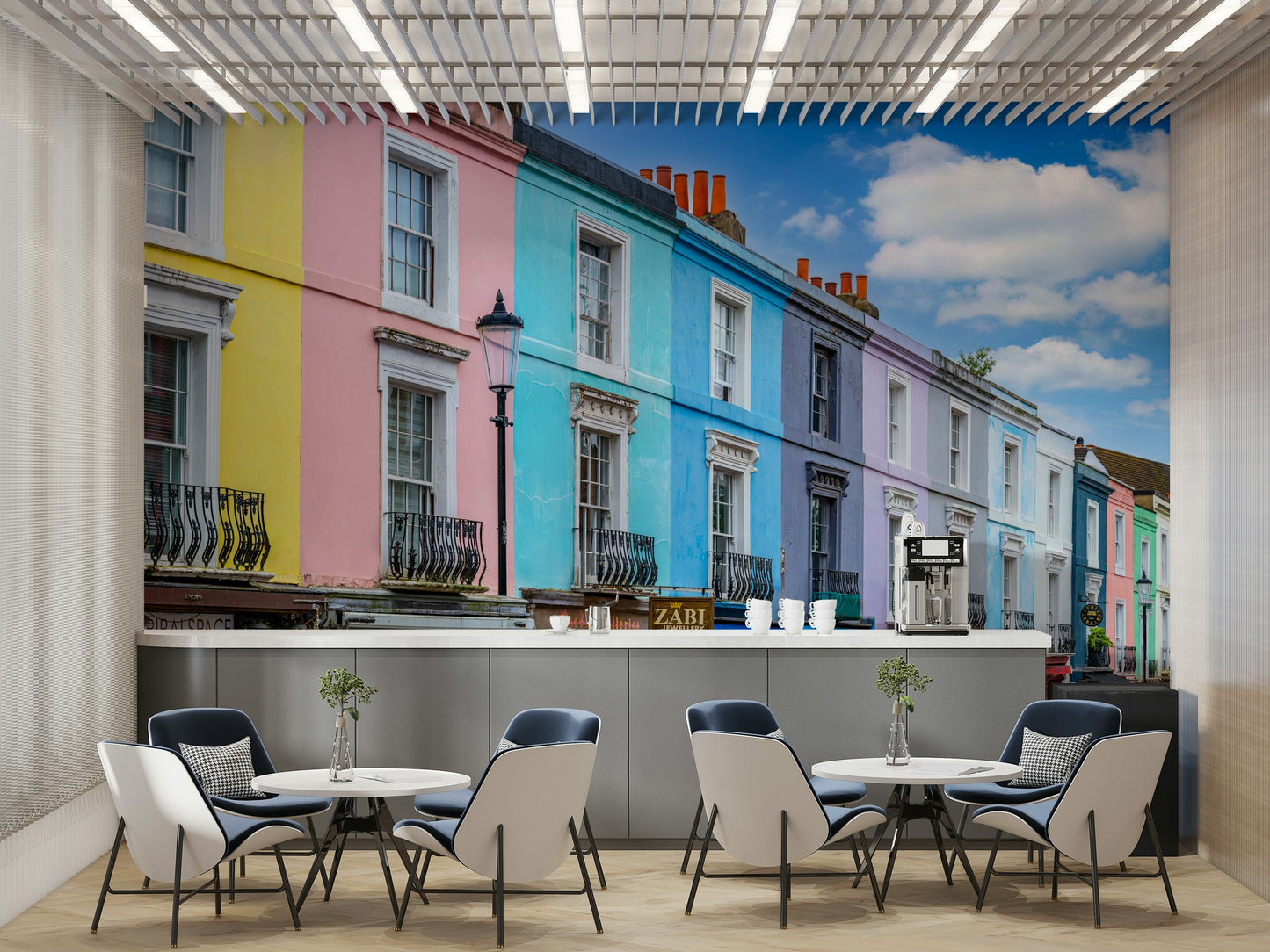 Mural with a blue sky and white clouds.

