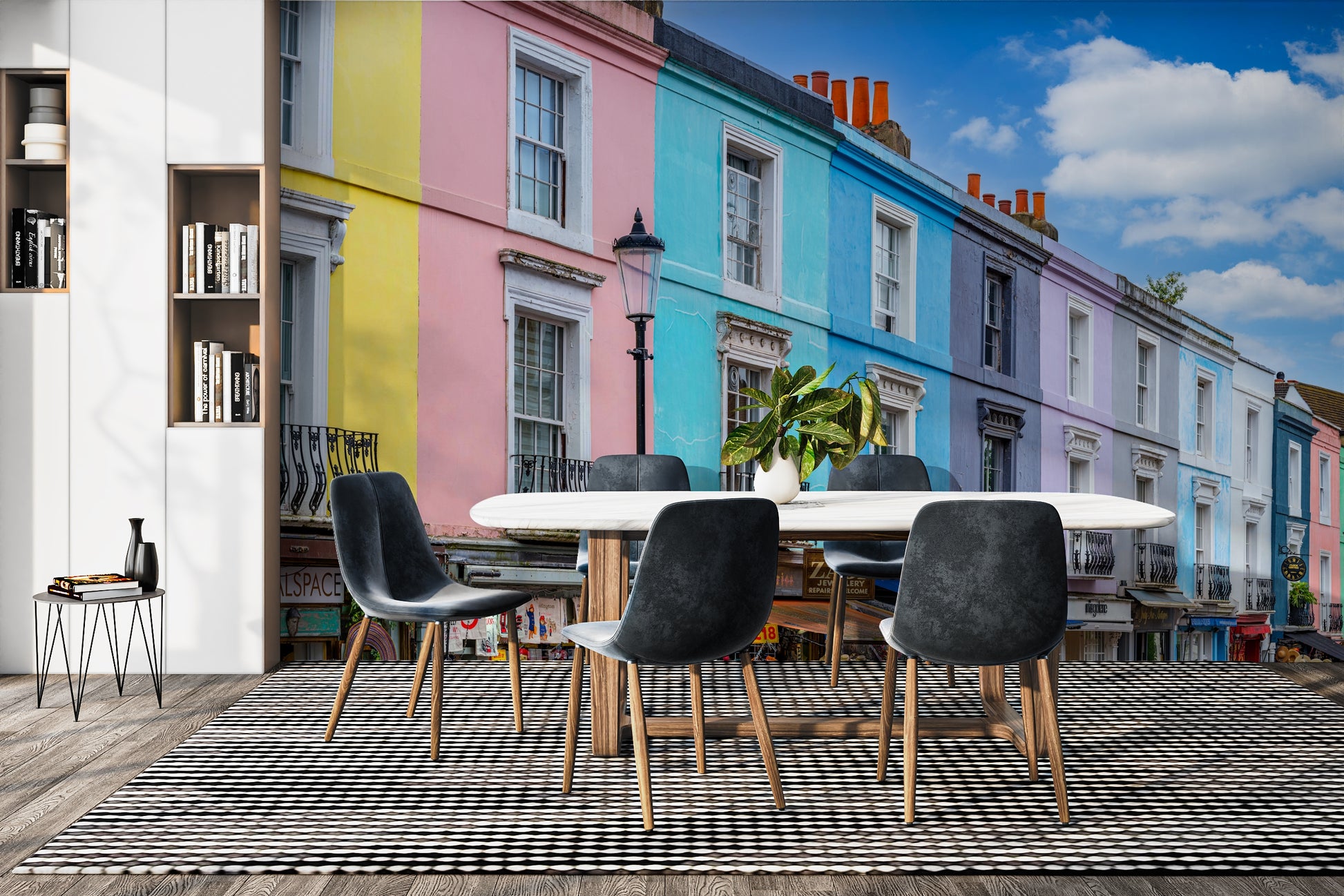 Vibrant yellow, pink, blue, and purple buildings.

