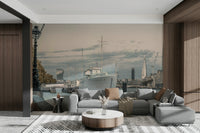 Wall mural featuring a large white ship on the river.

