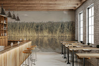 Wall mural behind a modern sofa.

