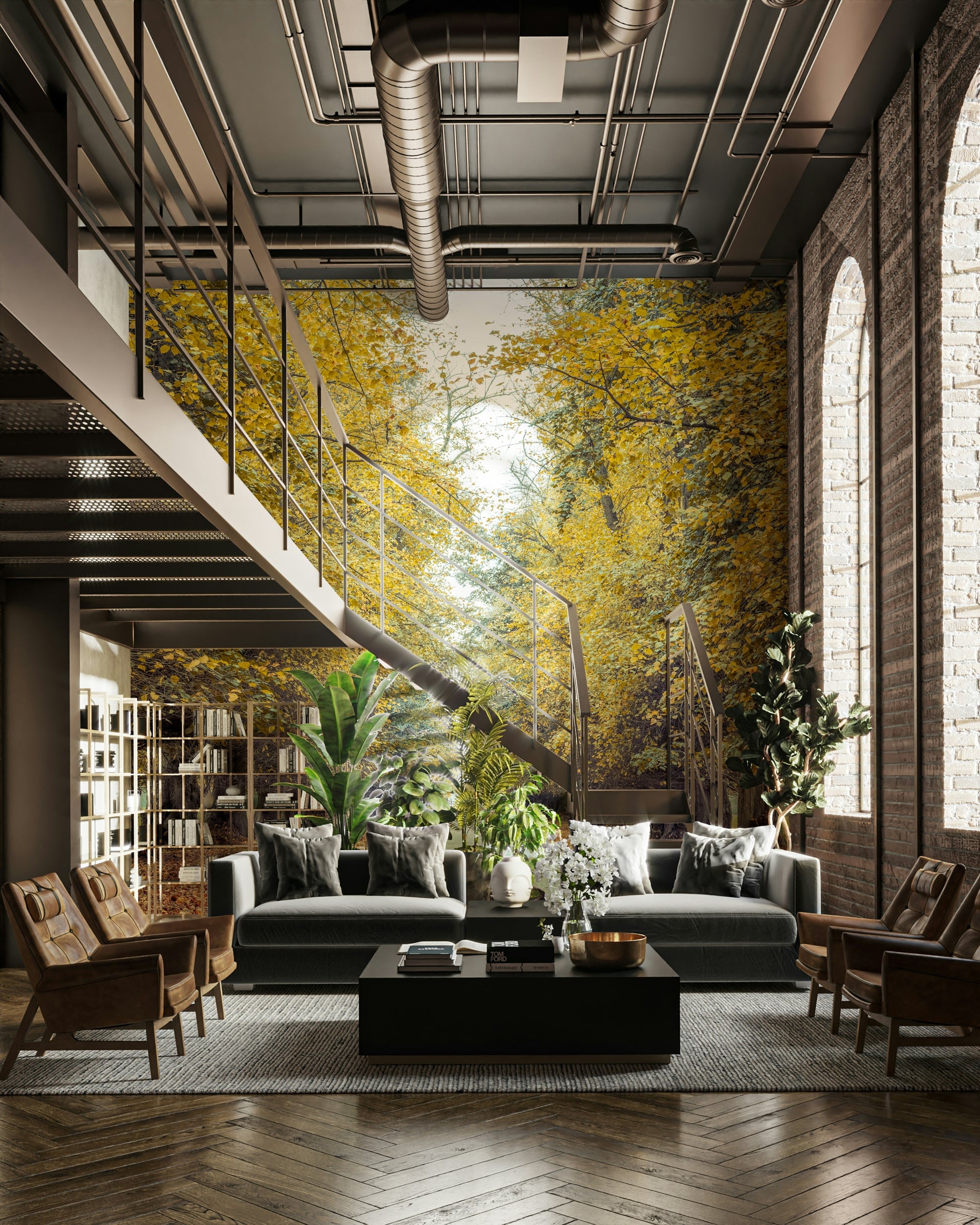 The perspective creates a strong sense of depth, leading the eye towards the vanishing point.
