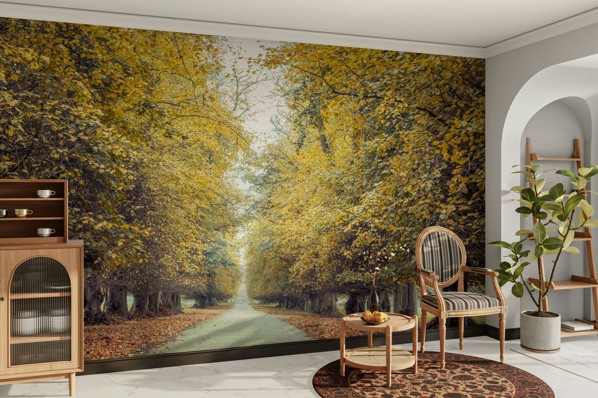 The design evokes a feeling of peaceful travel, natural beauty, and the splendor of autumn.
