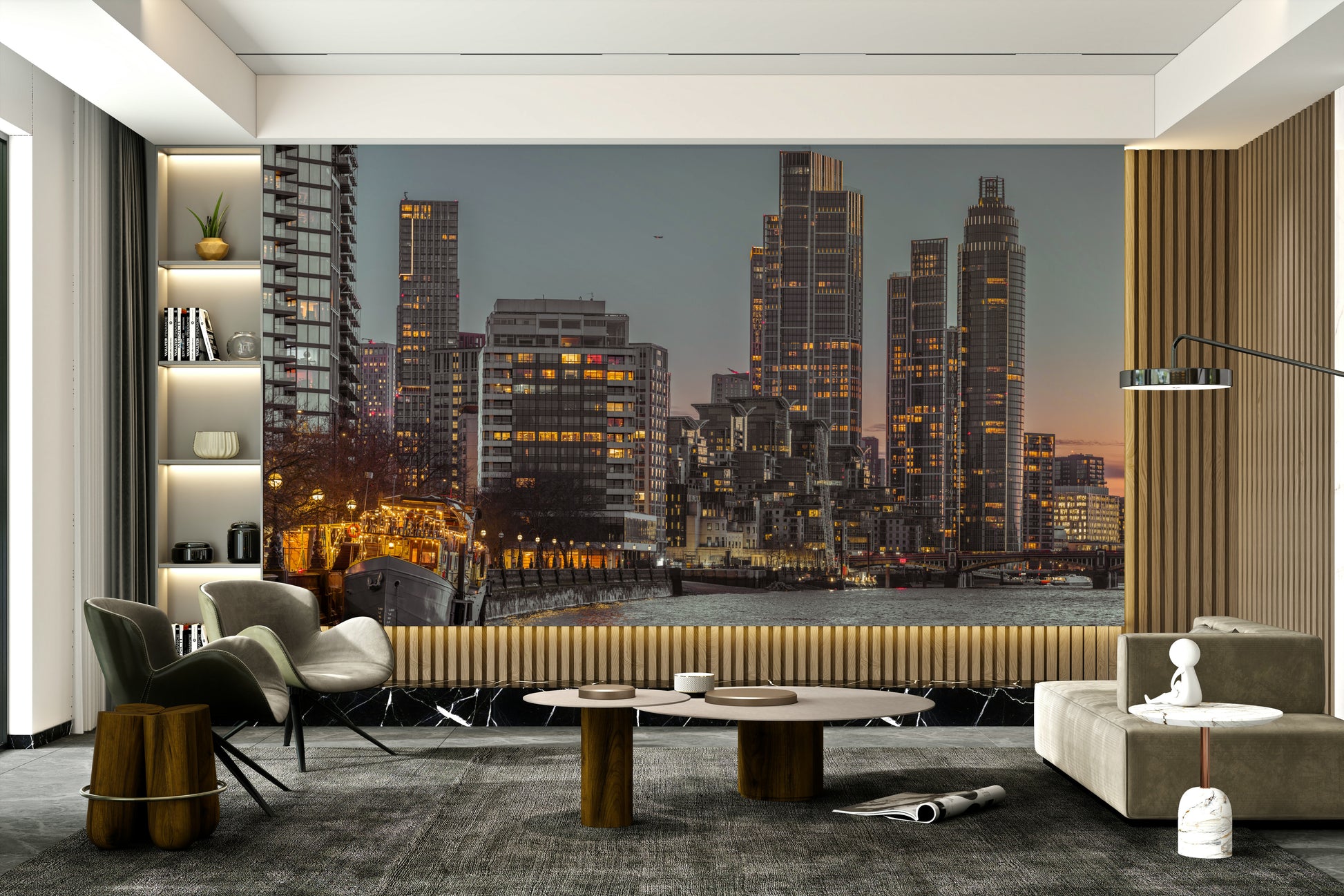 The mural covers a significant wall area, creating an immersive cityscape view.
