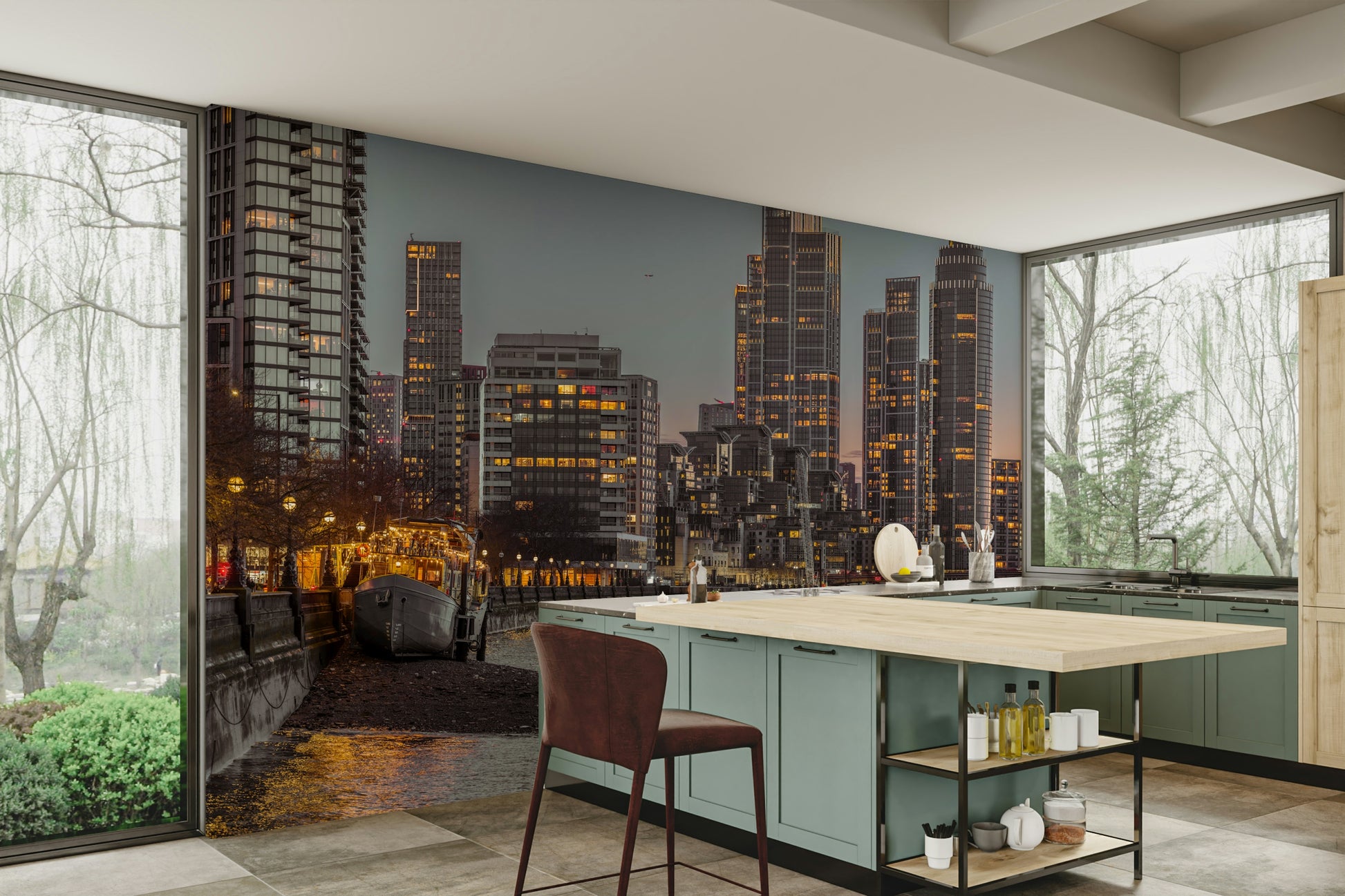 Features a panoramic view of the London skyline at twilight or dusk.
