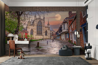 The sky is dramatic, possibly dusk or dawn, with a prominent full moon visible.
