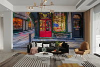 The mural covers a significant wall area, creating an immersive street scene.
