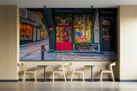 Features a detailed and inviting depiction of a charming shopfront, suggesting a historic European city like York.
