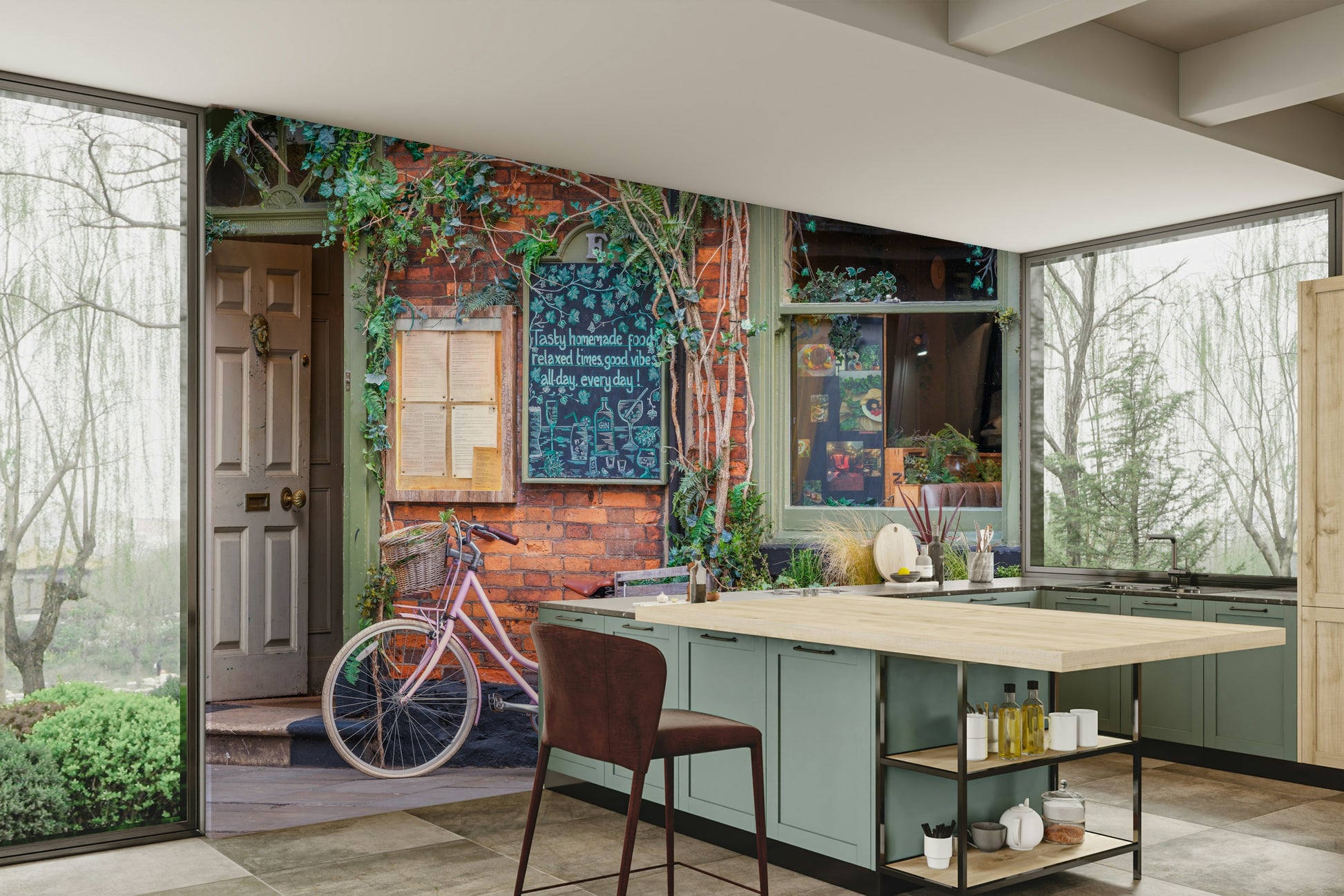 A prominent element is a pink bicycle, likely parked near the cafe entrance.
