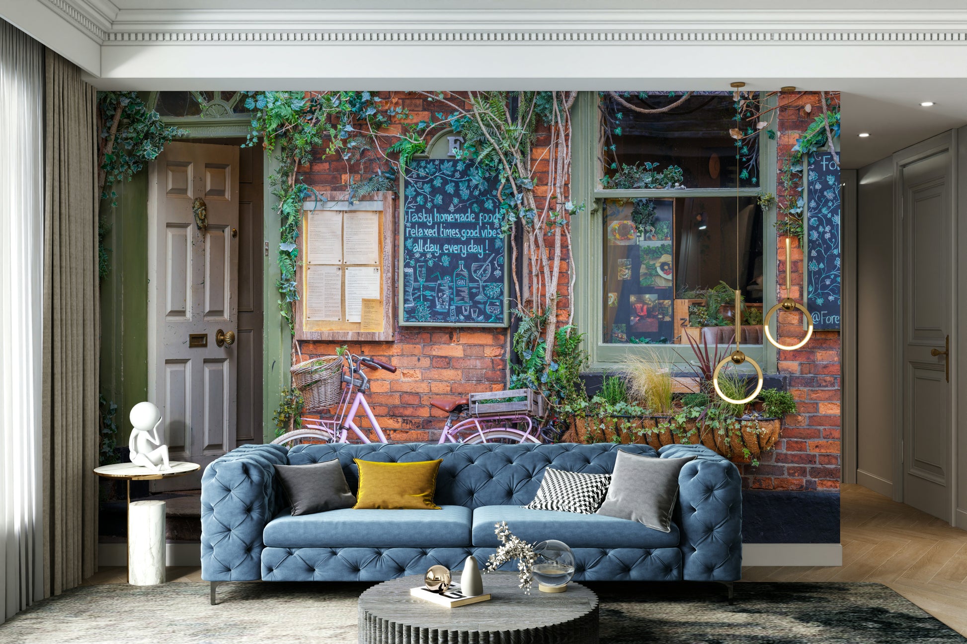 The mural covers a significant wall area, creating an immersive street scene.
