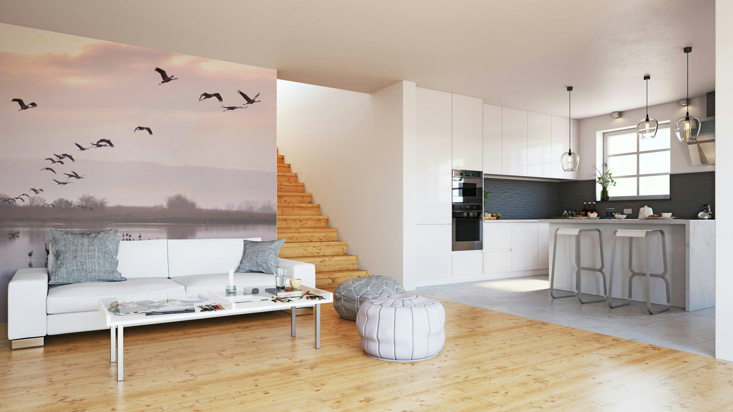 Still Waters, Flying Cranes Wall Mural