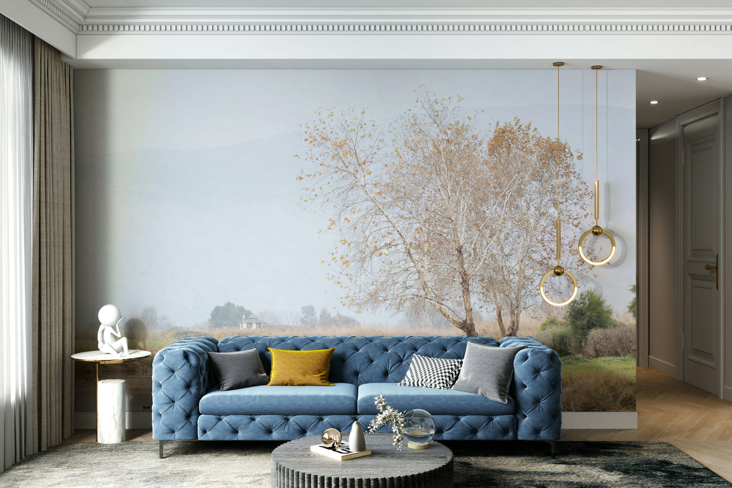 Features a serene lakeside landscape, enveloped in a soft, atmospheric mist.
