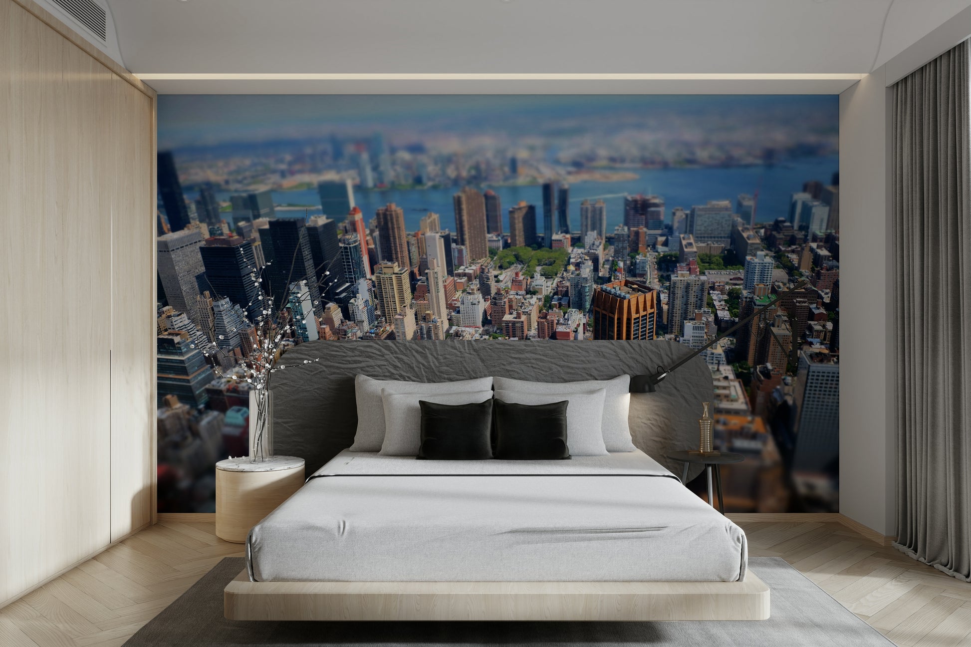 Features a cityscape with buildings and structures.
