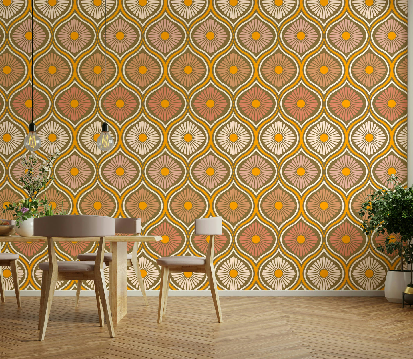 Features stylized daisy flowers and other florals.
