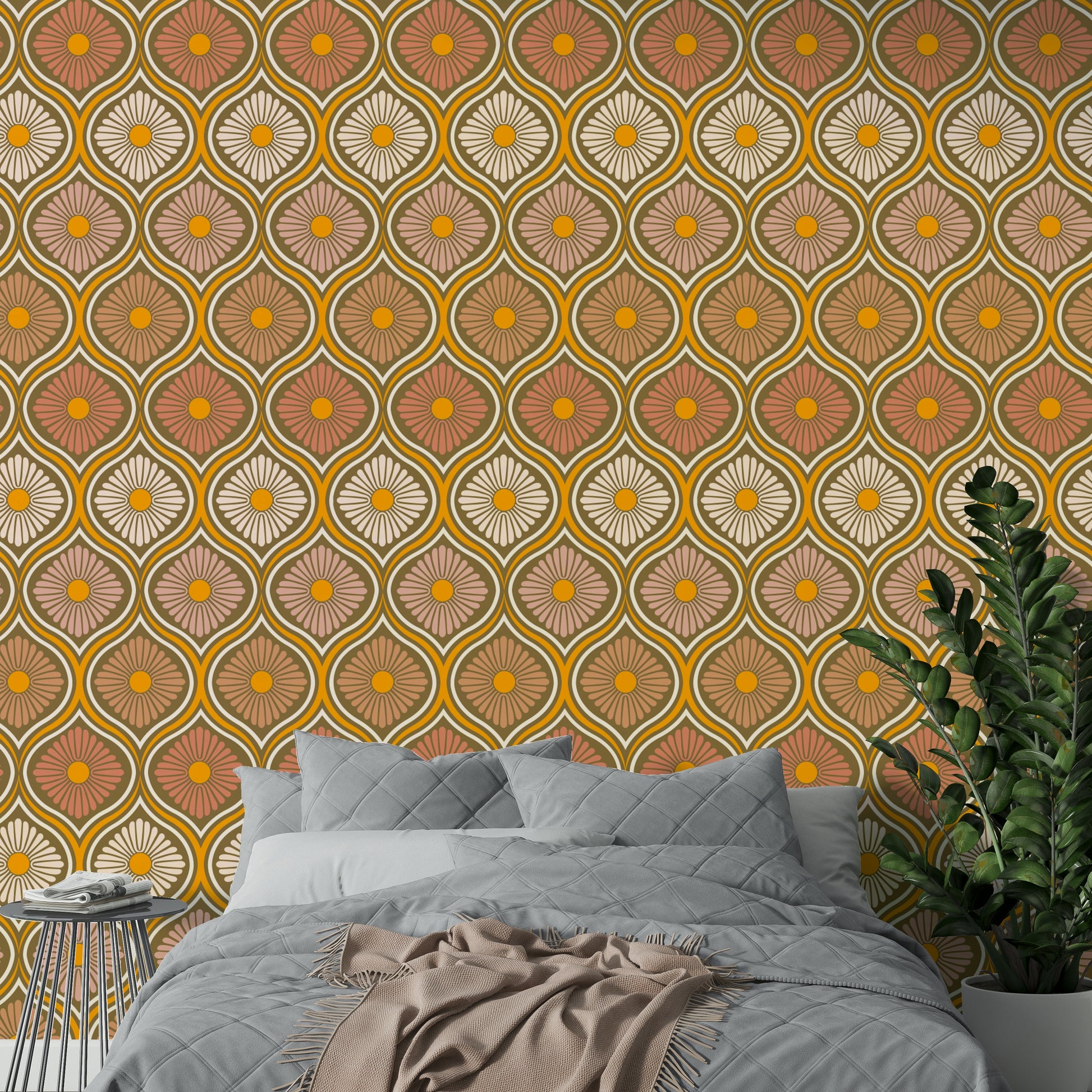 Bold, often geometric, floral shapes are prominent.
