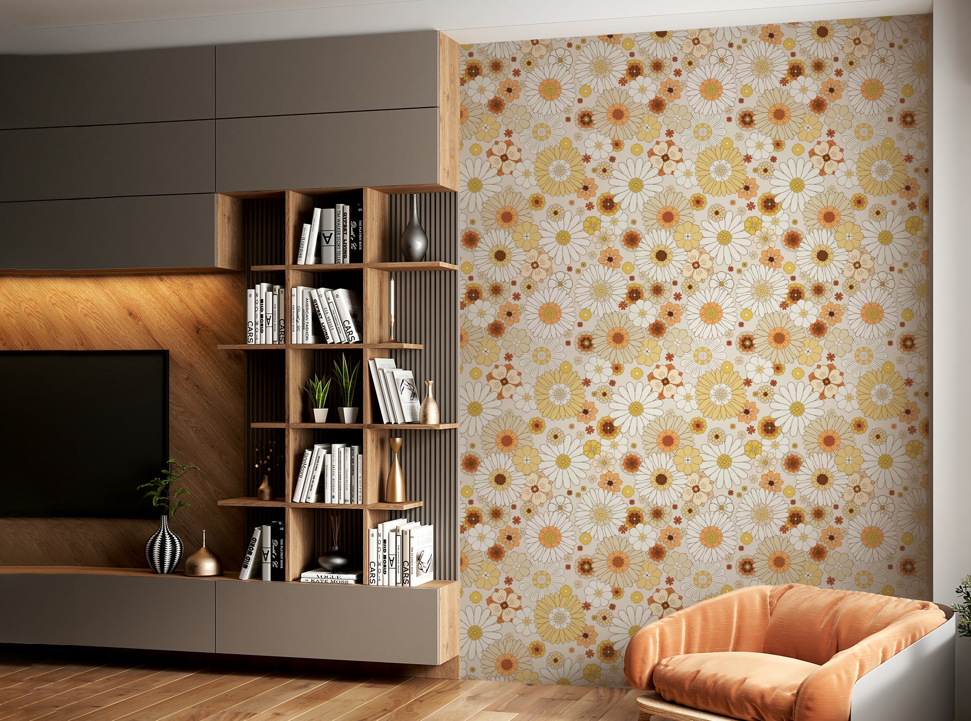 Features stylized daisy flowers.
